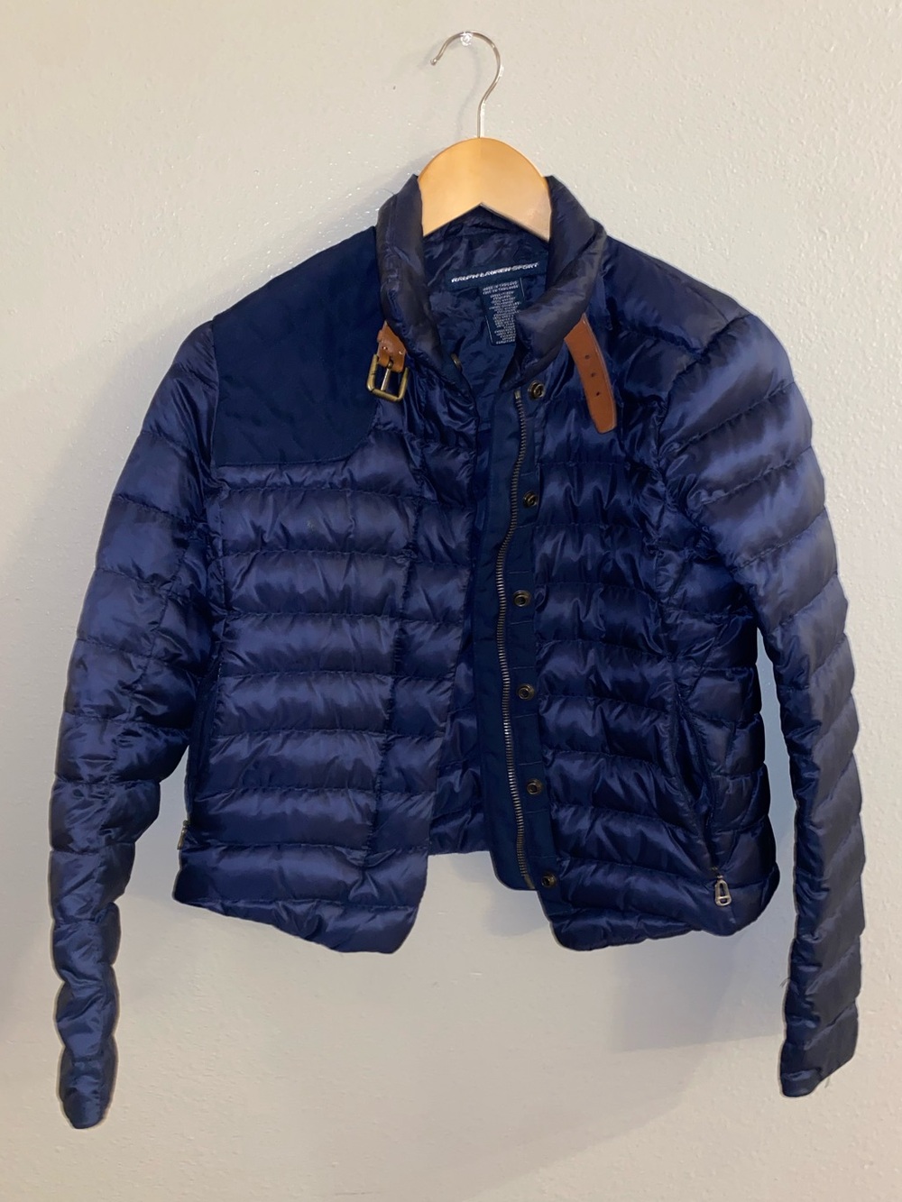Ralph Lauren Sport Navy Down Puffer Jacket - Leather Buckle Equestrian - Size 2